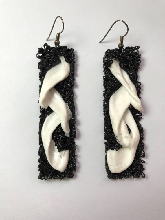 Black and White Abstract Rectangle Hook Earrings … - image 1