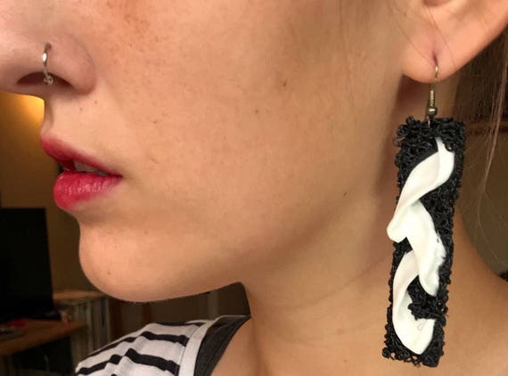 Black and White Abstract Rectangle Hook Earrings … - image 2