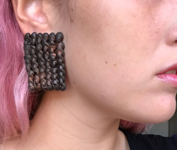 Brown Iridescent Rectangle Textured earrings -014 - image 1