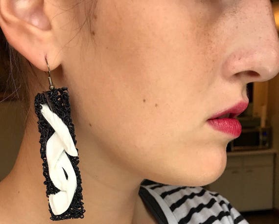 Black and White Abstract Rectangle Hook Earrings … - image 3