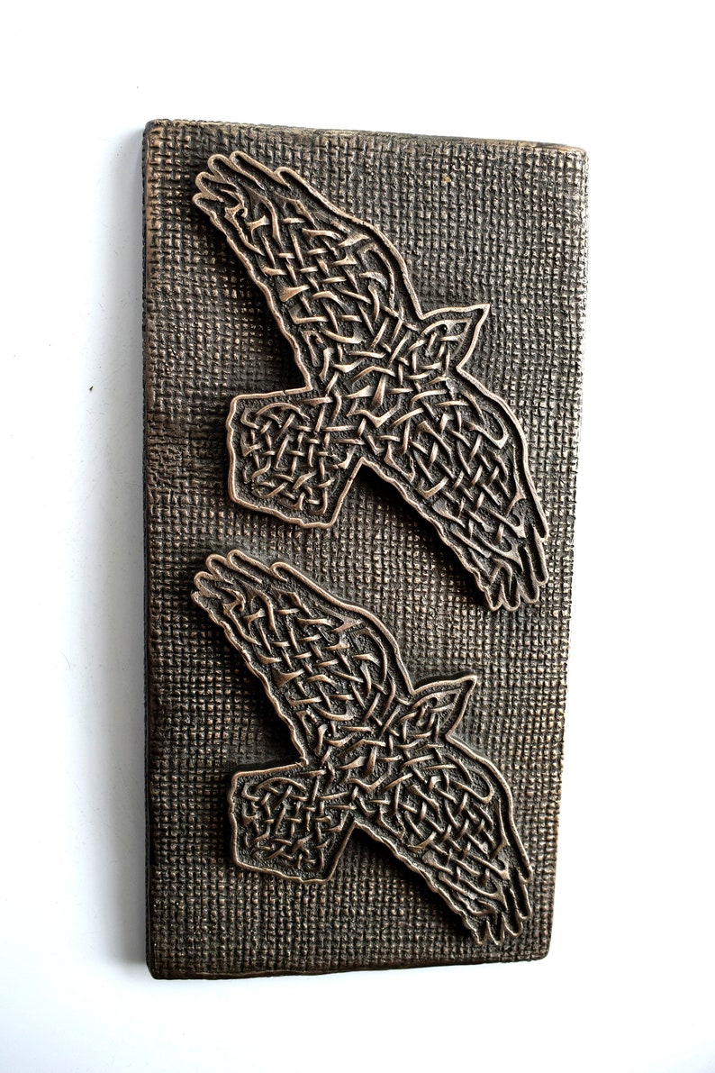 Wall Mount Relief Art Home Decor Boyfriend Gift Viking Decor Odins Ravens Huginn Muninn Norse Celtic Knotwork Bronze Sculpture