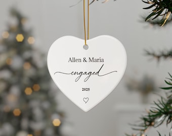 Engaged Script Names Heart Ornament, Personalized Engagement Ornament, Custom Couple Gift, Wedding Keepsake, Ceramic Christmas Decor