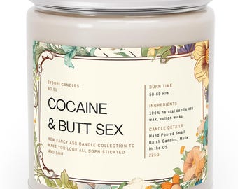 Rolig kokain- och rumpsex. Doftljuskollektion med doftljus, 237 ml, rolig design, humoristiska citat för vuxna, miljövänlig och giftfri.