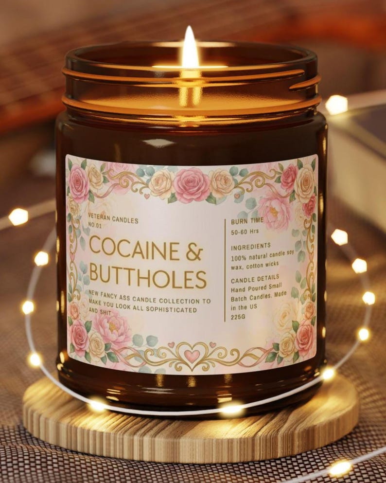 Kokain- och buttholesljus, roligt blommigt etikettljus i burk, respektlös vuxengåva med elegant estetik bild 1