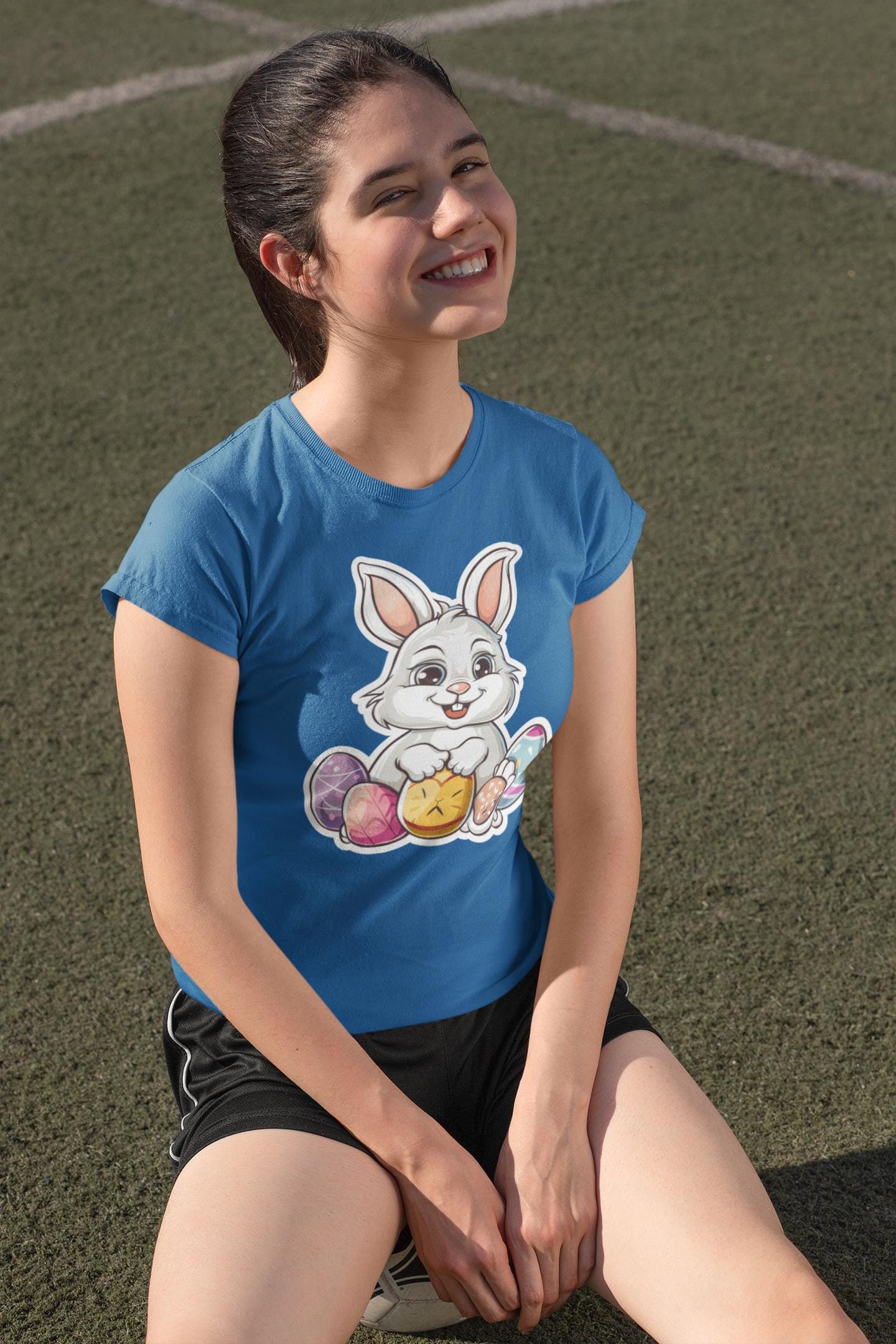 Earlymemb Maglietta Donna Pasqua Con Scollo A V - Coniglio Con Uova E Bubble Gum, Maniche Corte, Cotone Morbido - 2