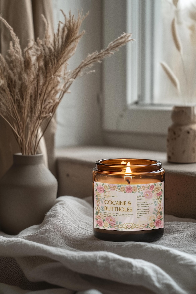 Kokain- och buttholesljus, roligt blommigt etikettljus i burk, respektlös vuxengåva med elegant estetik bild 2