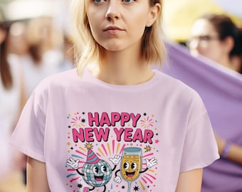 Happy New Year Shirt, Cartoon Champagne Disco Ball Tee, NYE Party T Shirt, New Year's Eve Graphic Top, Festive Holiday Outfit Gift