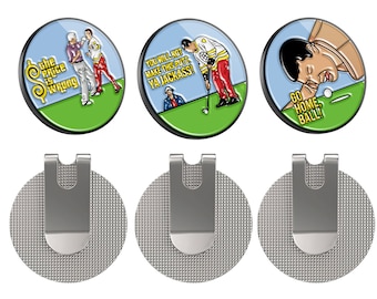May include: Three circular metal golf ball markers with silver clips. The first shows two figures fighting with the text THE PRICE IS WRONG. The second shows a golfer with the text YOU WILL NOT MAKE THIS PUTT YA JACKASS. The third shows a golfer yelling GO HOME BALL.