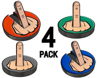 May include: Four pack of finger-shaped doorstops. Each doorstop is a different color: red, green, blue, and gray. The finger is raised in a rude gesture.