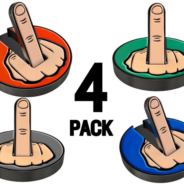 4 Pack Golf Ball Marker Bundle- Working Middle Finger - Various Colors - Magnetic Hat Clip - Identifies Your Marker - Great Gift For Golfer!