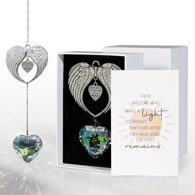 Memorial Crystal Ball Suncatcher, Sympathy Gift Box, Grief Gift, Angel Wings Remembrance, Christmas in Heaven Tribute Angel Wings Heart