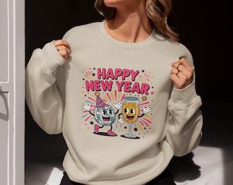 Happy New Year Sweatshirt, Cartoon Champagne Clock Crewneck, NYE Party Shirt, New Year's Eve Celebration Sweater, Festive Holiday Gift