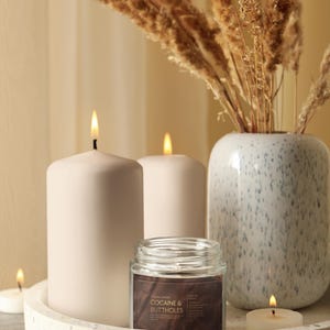 May include: A decorative arrangement featuring lit candles, a vase with dried plants, and a jar candle. The jar candle has a brown label with the text "COCAINE & BUTTHOLES". The candles are white and sit on a decorative tray.