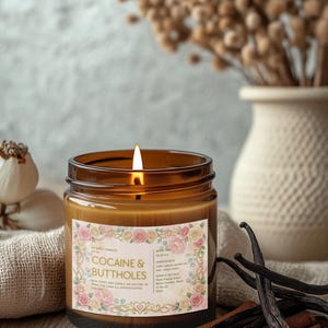 Kokain- och buttholesljus, roligt blommigt etikettljus i burk, respektlös vuxengåva med elegant estetik bild 3