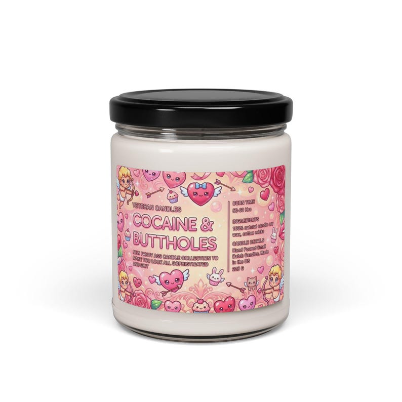 Cocaine & Buttholes Candle, Funny Pink Kawaii Jar Candle with Hearts, Adult Novelty Gift for Couples image 12