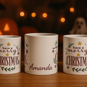 Tazza in ceramica natalizia personalizzata, tazza natalizia personalizzata, regalo festivo, bicchieri accoglienti, regalo di Natale personalizzato, decorazioni natalizie