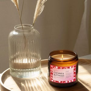May include: A lit candle in a brown glass jar with a label that reads "COCAINE & BUTTHOLES" sits on a wooden tray. A clear glass vase with dried plants is to the left of the candle. The background is a neutral color.