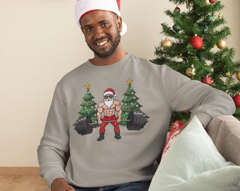 Muskulöses Santa Kreuzheben Sweatshirt, Weihnachten Gym Sweatshirt, Urlaub Gewichtheben Pullover, Fitness Geschenk für Ihn, Kraftdreifach Pullover
