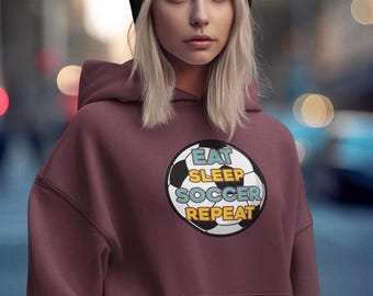 Eat Sleep Soccer Repeat Hoodie, Soccer Ball Graphic Sweatshirt Hoodie, Sports Hoodie for Players, Soccer Team Gift, Casual Game Day Pullover