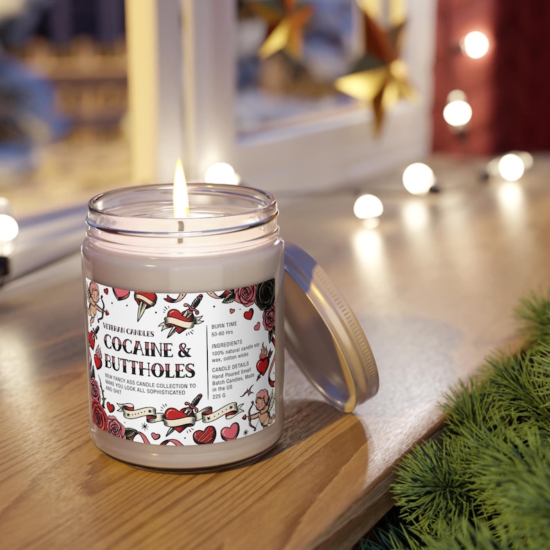 Bougie cocaïne et trous du cul, bougie de soja drôle 9 oz, cadeau bâillon, bougie humour adulte, Saint-Valentin, anniversaire, étiquette de coeur tatouage image 4