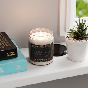 Cocaine and Buttholes Soy Candle Funny Novelty Jar Candle with Gothic Floral Label and Black Lid Adult Humor Gift image 7