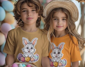 EASTER BUNNY KIDS-T-shirt, konijnenshirt voor kinderen, lentecadeau, katoenen top voor kinderen, outfit viering Pasen, T-shirt cadeau, cadeau voor kinderen