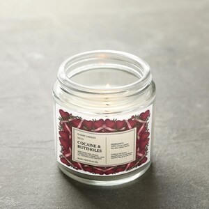 Puede incluir: Una vela en tarro de vidrio transparente con una mecha encendida. La etiqueta presenta un dise&ntilde;o de fresas y cintas con el texto "COCAINE & BUTTHOLES". La vela est&aacute; sobre una superficie gris.