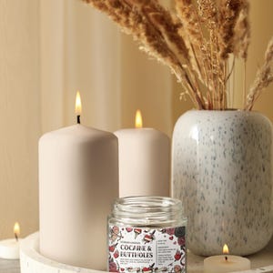 Peut inclure: Une composition d&eacute;corative avec des bougies allum&eacute;es et une petite bougie en pot en verre avec le texte "COCAINE & BUTTHOLES". Les bougies sont blanches et reposent sur un plateau rond. Un vase avec des plantes s&eacute;ch&eacute;es est en arri&egrave;re-plan.