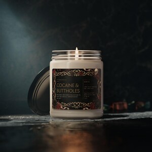 Cocaine and Buttholes Soy Candle Funny Novelty Jar Candle with Gothic Floral Label and Black Lid Adult Humor Gift image 10