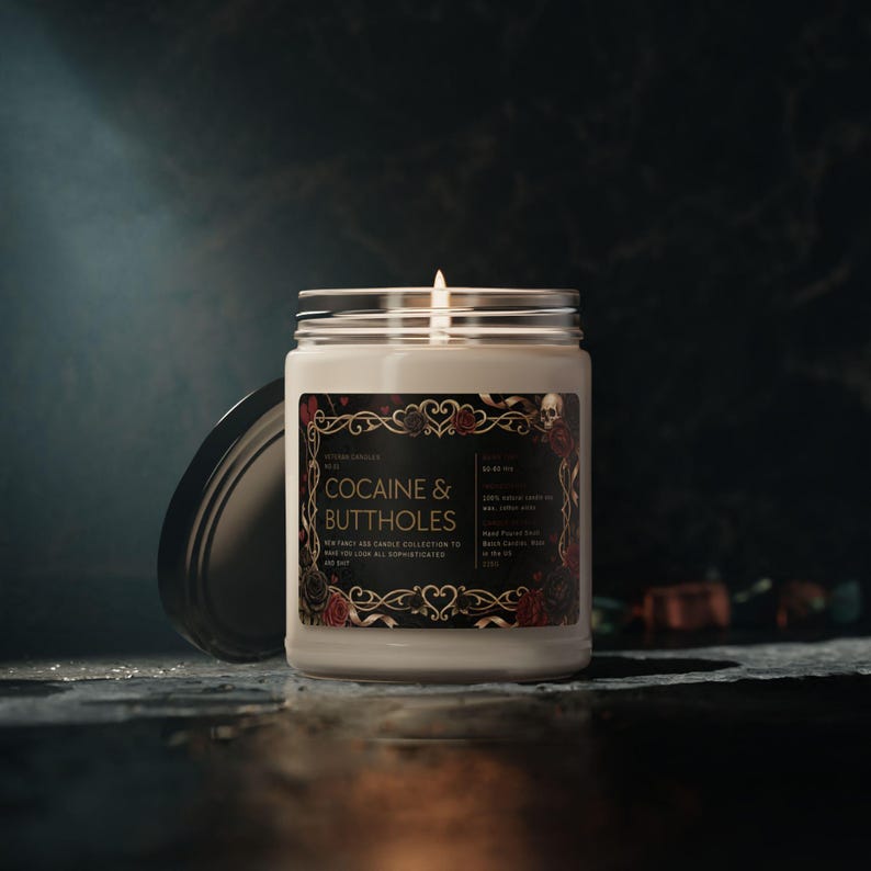 Cocaine and Buttholes Soy Candle Funny Novelty Jar Candle with Gothic Floral Label and Black Lid Adult Humor Gift image 10