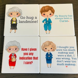 Golden Girls 4 Coaster Set: Safeguard Your Furniture with Style, Featuring Classic One-Liners and Memorable Moments - Free Priority Shipping