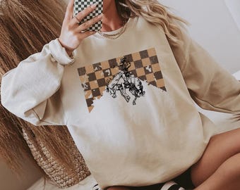 Checkered Cowboy Crewneck Sweatshirt | Cowgirl Crewneck
