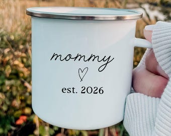 Mommy Est. 2026 Enamel Camp Mug, Pregnancy Reveal Gift