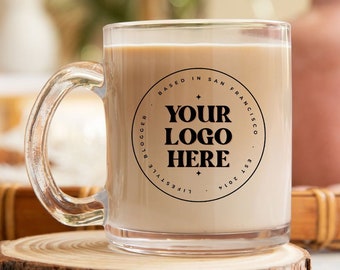 Custom Glass logo coffee mug logo, boho coffee mug logo, custom logo mug, custom mug logo, Clear mug business logo, Personalized logo mug