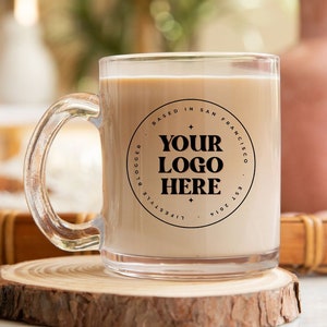 Custom Glass logo coffee mug logo, boho coffee mug logo, custom logo mug, custom mug logo, Clear mug business logo, Personalized logo mug