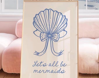 Mermaid Party Printable Art Coastal Design Shell Bow Blue Theme Ocean Decor Party Digital Art Coastal Party Decor Printable Downloadable Art