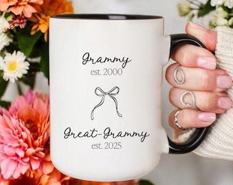 Personalized Grammy to Great-Grammy Mug Custom Year Gift Pregnancy Reveal Baby Announcement Coffee Cup for Grandma Keepsake