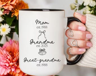 Personalized New Great-Grandma Gift Grandchild Announcement Custom Mug with Bow and Shell Design Family From Mom to Grandma to Great-Grandma