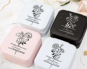 Jewelry Travel Case Personalized Bridesmaid Birth Flower Proposal, Maid of Honor Custom Name Wedding Party Gifts, Bridal Jewelry Box Women