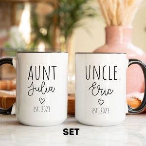 Baby Announcement To Aunt and Uncle 2023 Custom Mug, New Aunt and Uncle To Be Gift Mug Set, Minimalist Baby Shower Gift Coffee Couple Mugs