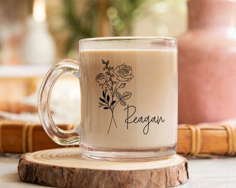 Birth Month Flower Mug, Custom Flower Name Mug, Personalized Birth Month Gift Ideas, Custom Glass Mug,  Gift For Friend Mug, Custom Name Mug