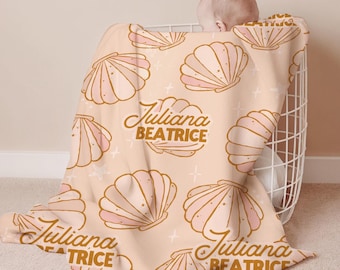 Personalized Baby Blanket Custom Name Toddler Throw Soft Minky Wrap Beach Nursery Shell Design Coastal Theme Crib Bedding Pink Peach Fleece