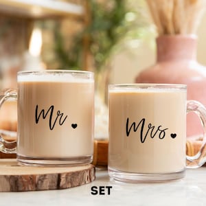 Mr and Mrs Mugs, Bride and Groom Mugs, Mr and Mrs Coffee Mugs, Clear Glass Mugs, Engagement Mug, Wifey Hubby Mugs, Wedding Gift for Couple