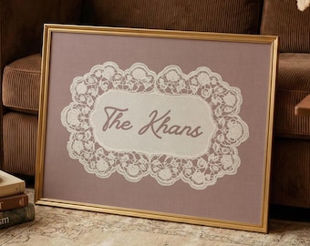 Custom last name framed wall art decor lace, Personalized family name sign print