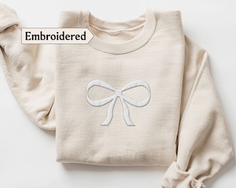 Embroidered Bow coquette sweatshirt,  Embroidered Bow Ribbon Trendy Sweatshirt, Cute Bow Embroidered Gemma Sweatshirt, Clean girl aesthetic