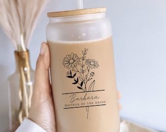 Mother of the bride tumbler personalized glass cup with bamboo lid and glass straw, Mother of the bride gift from daughter, Gift from bride