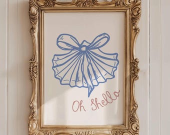 Coastal Digital Art Beach Home Wall Display Seaside Accent Shell Bow Blue Design Room Decor Coastal Print Beach House Wall Art Seaside Room