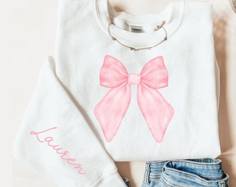 Coquette Sweatshirt Pink Bow Custom Name Sweatshirt, Bow sweatshirt Ribbon, Cute Coquette clothes, Personalized Trendy Crewneck for Women