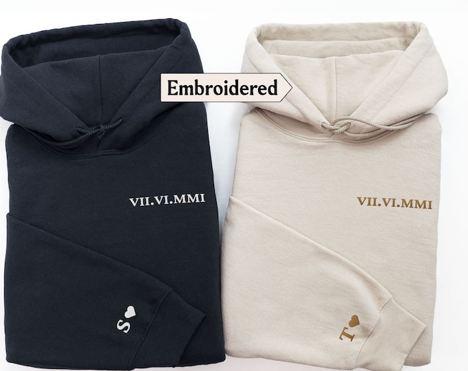 Featured listing image: Embroidered Roman numeral hoodie, Personalized Date Roman numeral sweatshirt, Couples matching hoodies, Matching sweatshirts for couples