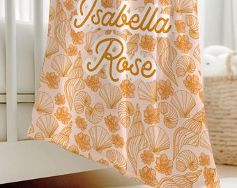 Personalized Baby Blanket Coastal Design Seashell Motif Peach Color Nursery Decor Beach Theme Infant Gift Shower Present Girl Room Coastal